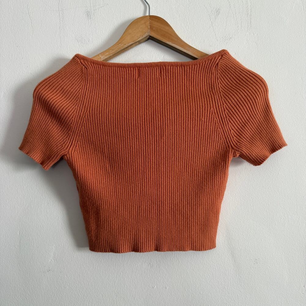 ISALIS Burnt Orange Square Neck Cropped Short Sleeve Ribbed Sweater Medium - Picture 6 of 6